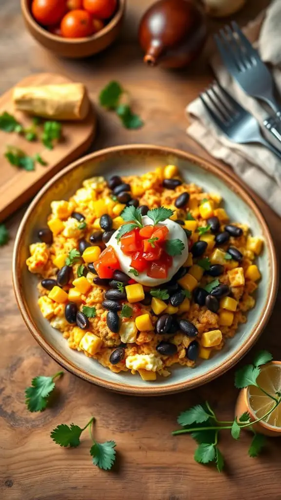 A delicious plate of Southwestern scrambled eggs with cottage cheese, topped with black beans, corn, and salsa.