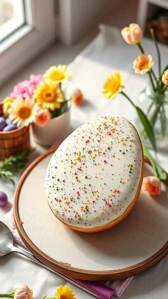 A colorful speckled egg cookie cake decorated with light icing and edible paint splatters.