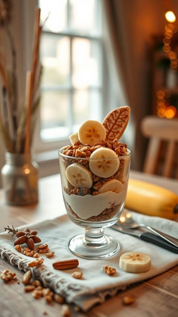 A delicious spiced banana parfait with layers of banana yogurt, caramelized banana slices, and crunchy granola.