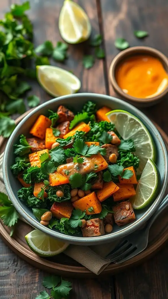 Kale salad with roasted sweet potatoes and chipotle dressing