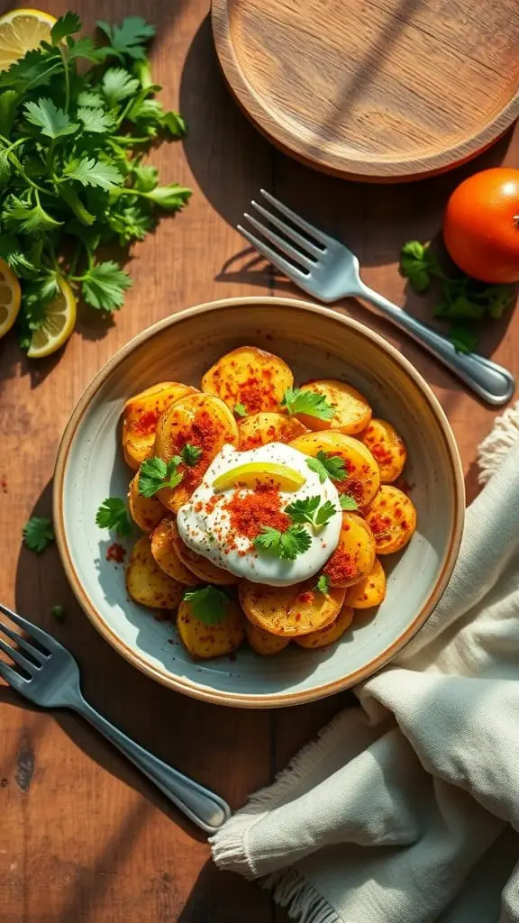 A bowl of spicy chipotle lime crispy smashed potato salad topped with Greek yogurt and cilantro.