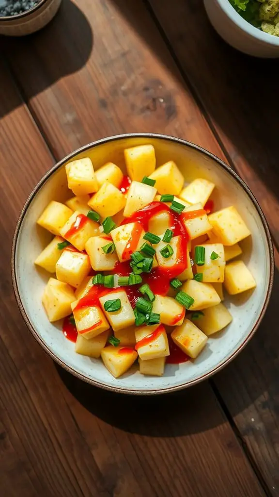 A bowl of spicy cold potato salad topped with hot sauce and green onions.