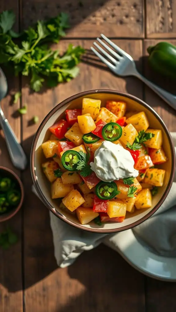 A bowl of Spicy Jalapeño Potato Salad with diced potatoes, jalapeños, and sour cream, garnished with cilantro.