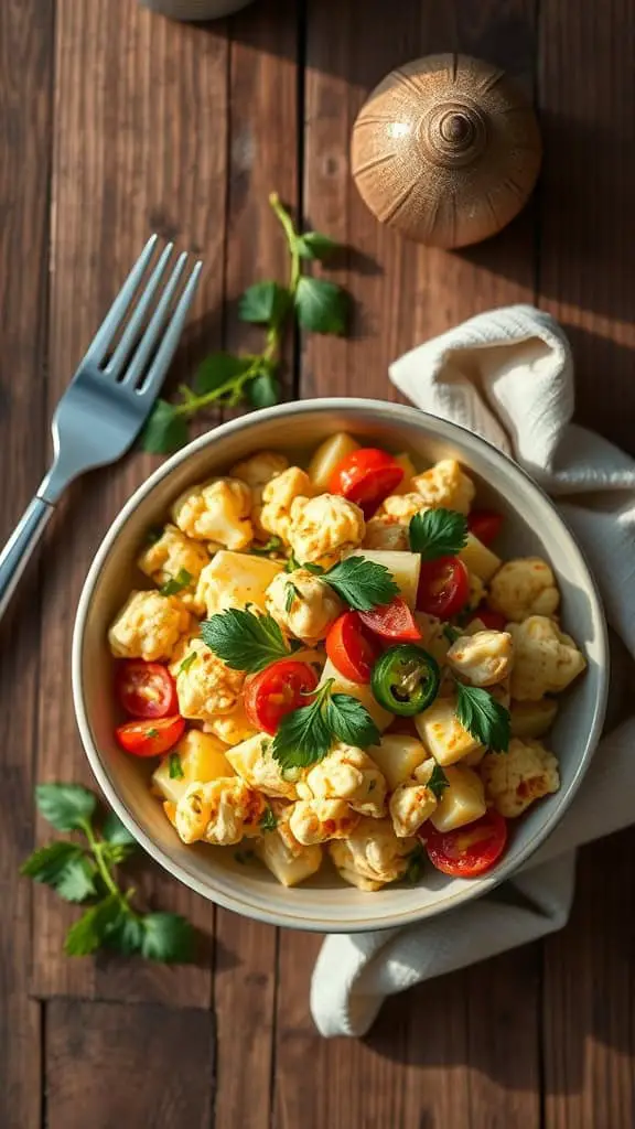 Spicy Keto Potato Salad with cauliflower, jalapeños, and spicy mayo