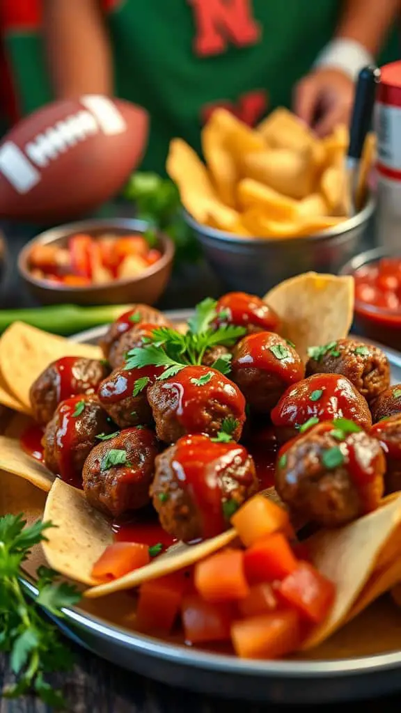 Spicy Mexican meatballs with chipotle sauce on a platter with tortilla chips and garnished with herbs.