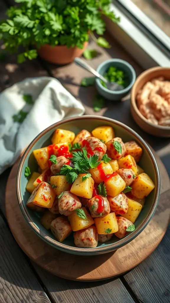 A bowl of Spicy Smoked Potato Salad featuring diced smoked potatoes, hot sauce, and celery.