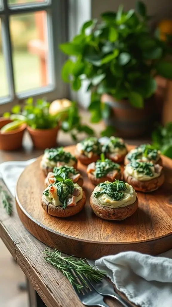 A platter of spinach-stuffed mushrooms topped with chopped ham and creamed spinach.