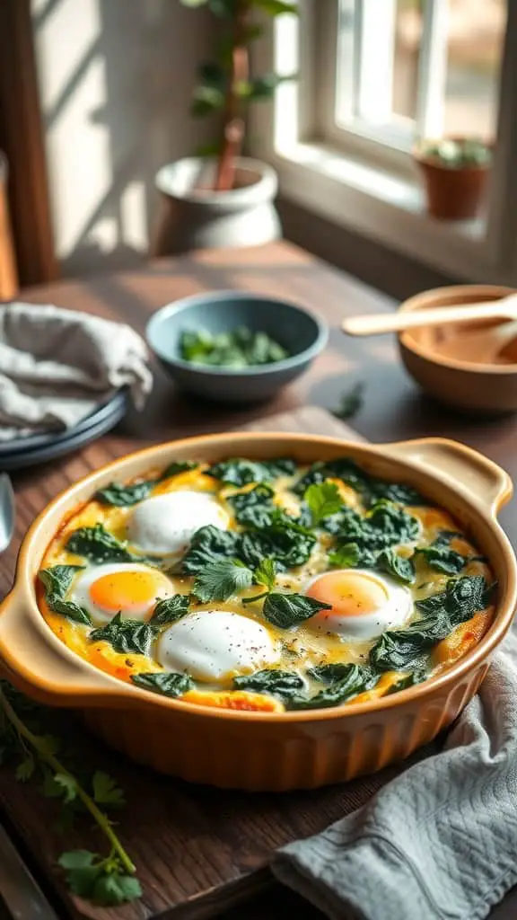 A delicious Spinach and Cottage Cheese Eggs Bake with eggs nestled in a bed of spinach and cottage cheese, topped with shredded cheese.