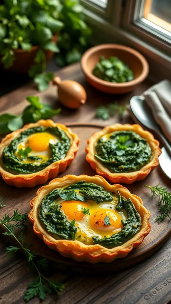 Spinach and egg tartlets on a wooden table with fresh herbs