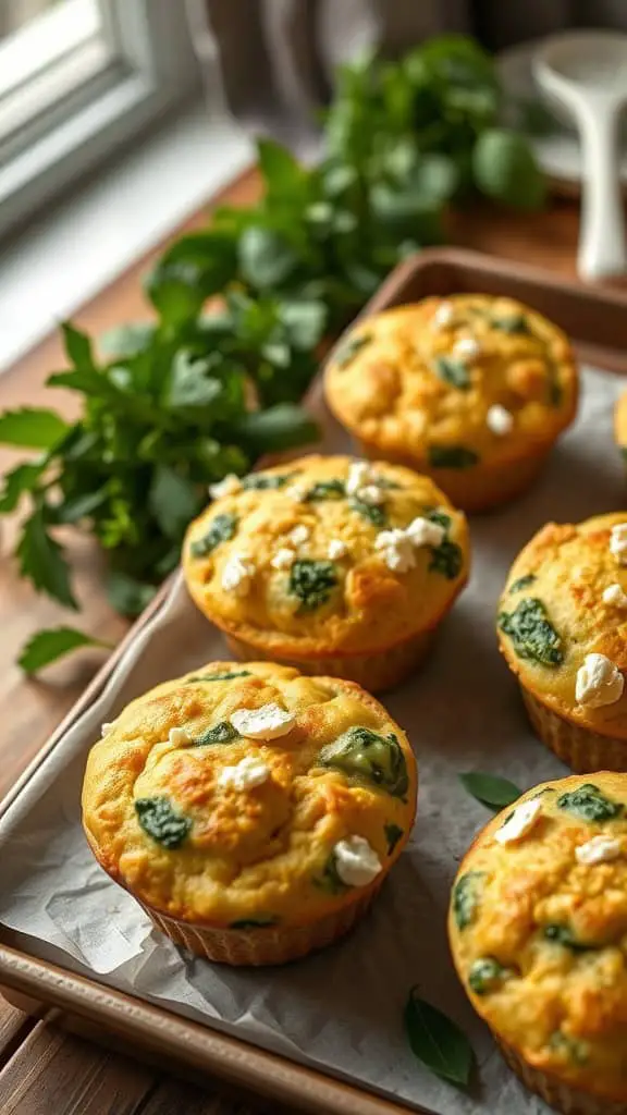 Spinach and feta egg white muffins on a baking tray