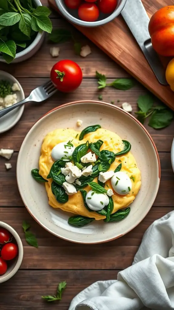 Spinach and Feta Scrambled Eggs with Cottage Cheese