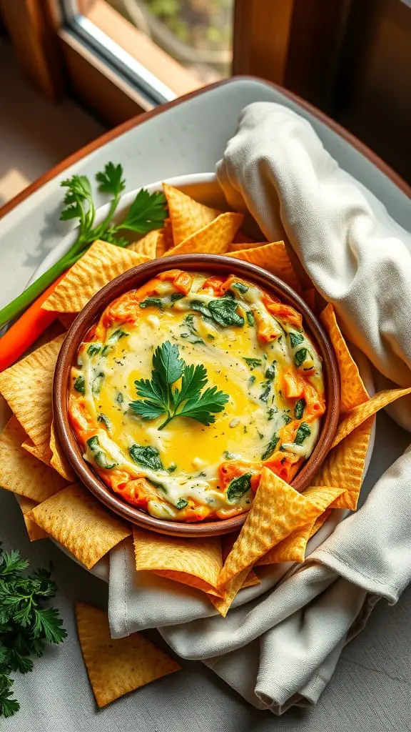 Delicious spinach artichoke dip served with tortilla chips