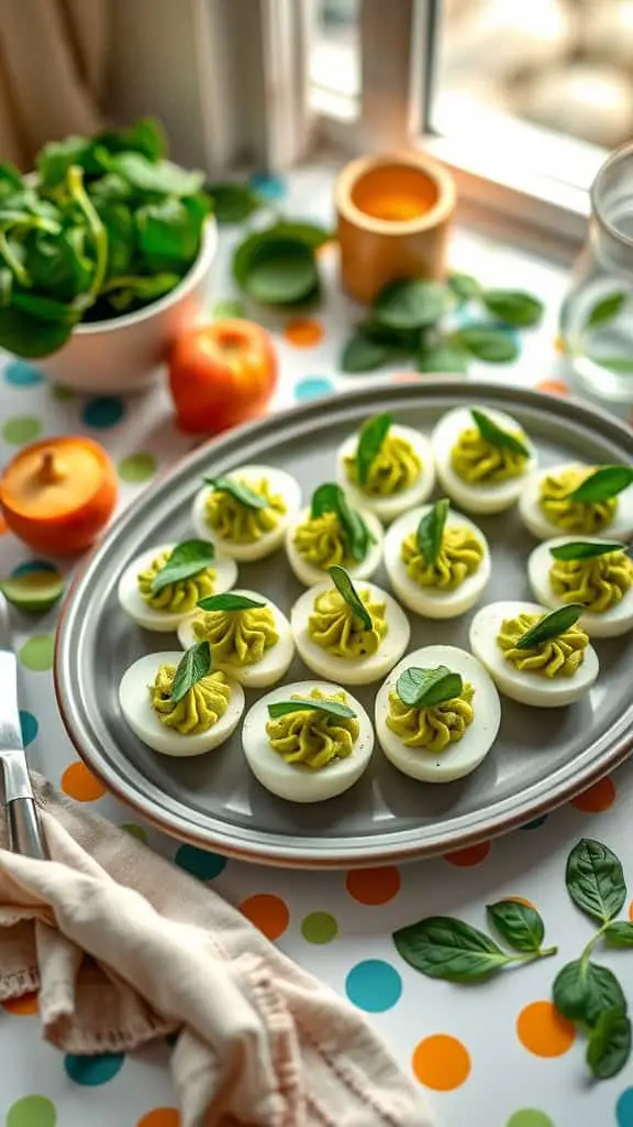 Spinach deviled eggs with avocado filling, arranged on a plate and garnished with fresh basil.