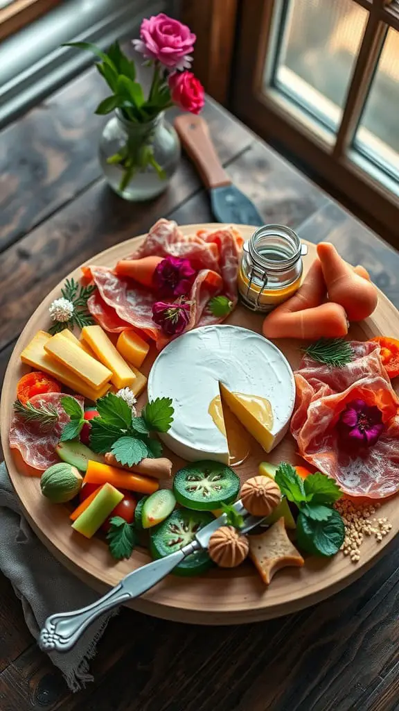 Spring Cheese and Meat Board featuring brie cheese, prosciutto, honeycomb, fruits, vegetables, and crackers