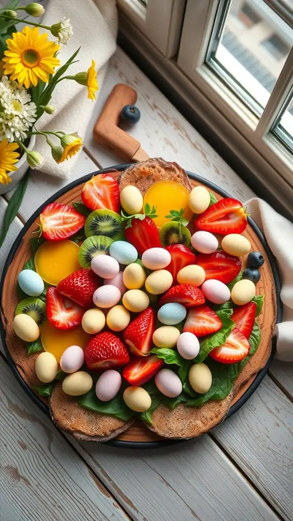 A vibrant spring fruit board with strawberries, kiwis, and pastel-colored chocolate eggs.