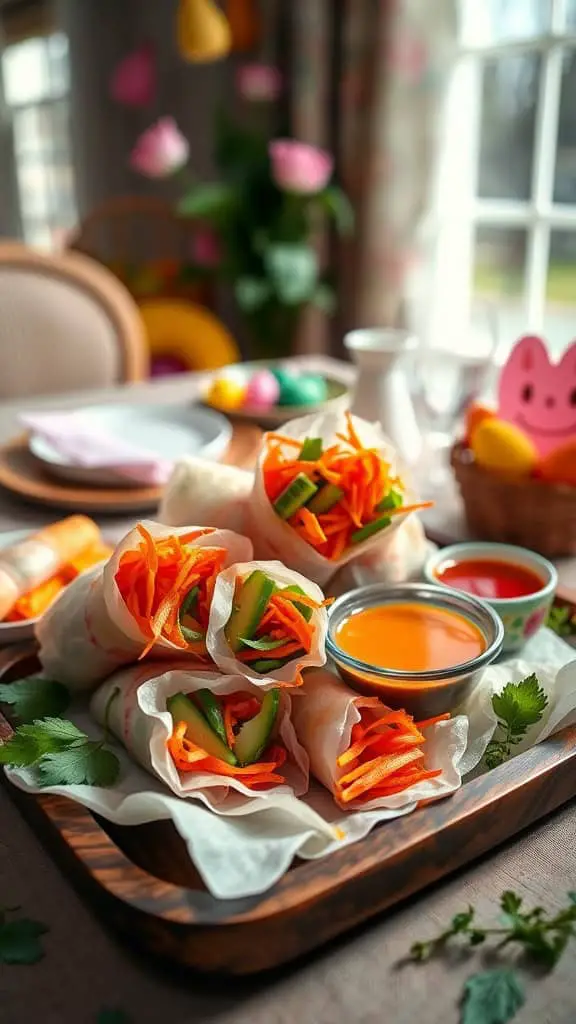 Colorful spring rolls made with rice paper, shredded carrots, and cucumber sticks, served with a dipping sauce.