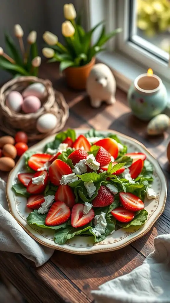 A vibrant salad featuring mixed greens, sliced strawberries, and crumbled goat cheese.