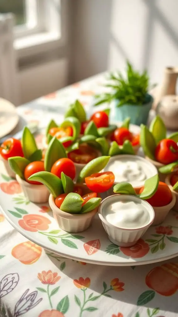 A colorful platter of spring veggie cups with snap peas and cherry tomatoes served with ranch dressing