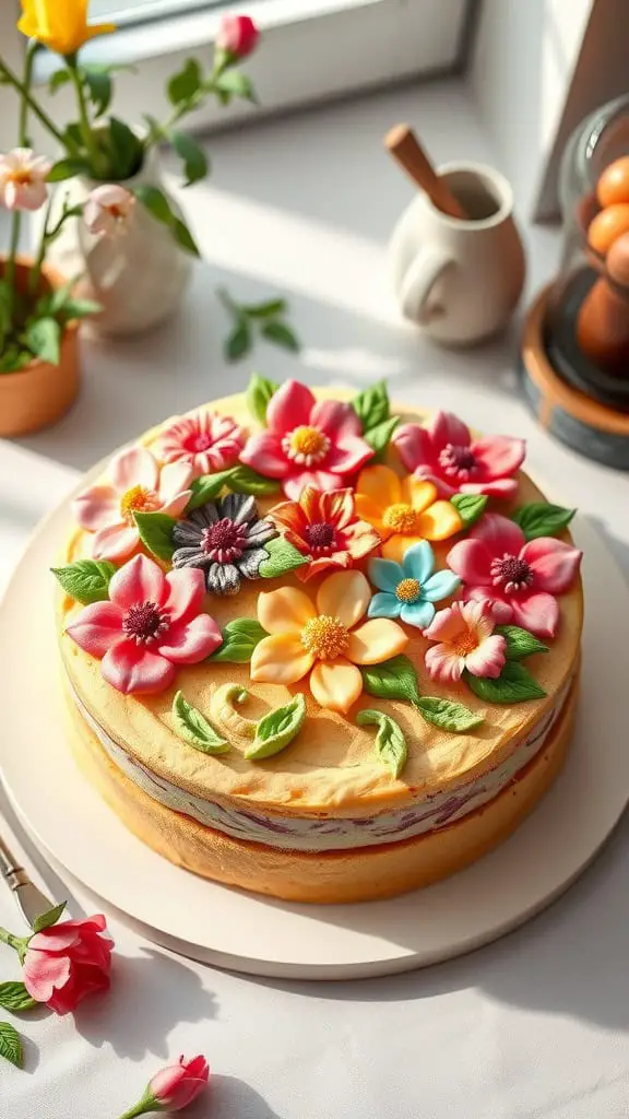 A colorful Spring Wreath Cookie Cake decorated with floral icing and green leaves.