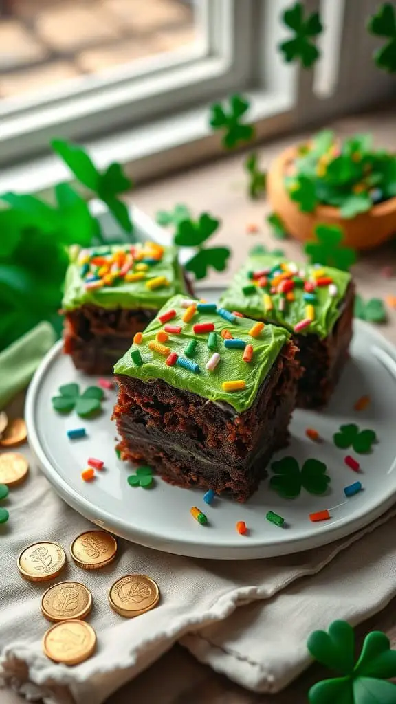 Delicious St. Patrick's Day brownies topped with green frosting and rainbow sprinkles