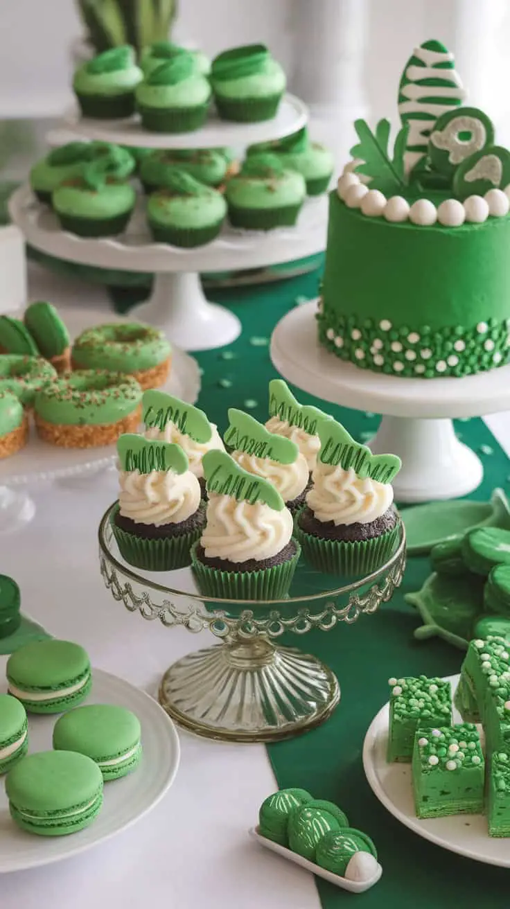 A beautifully arranged table of St. Patrick's Day desserts featuring green cupcakes, macarons, and a decorated cake.