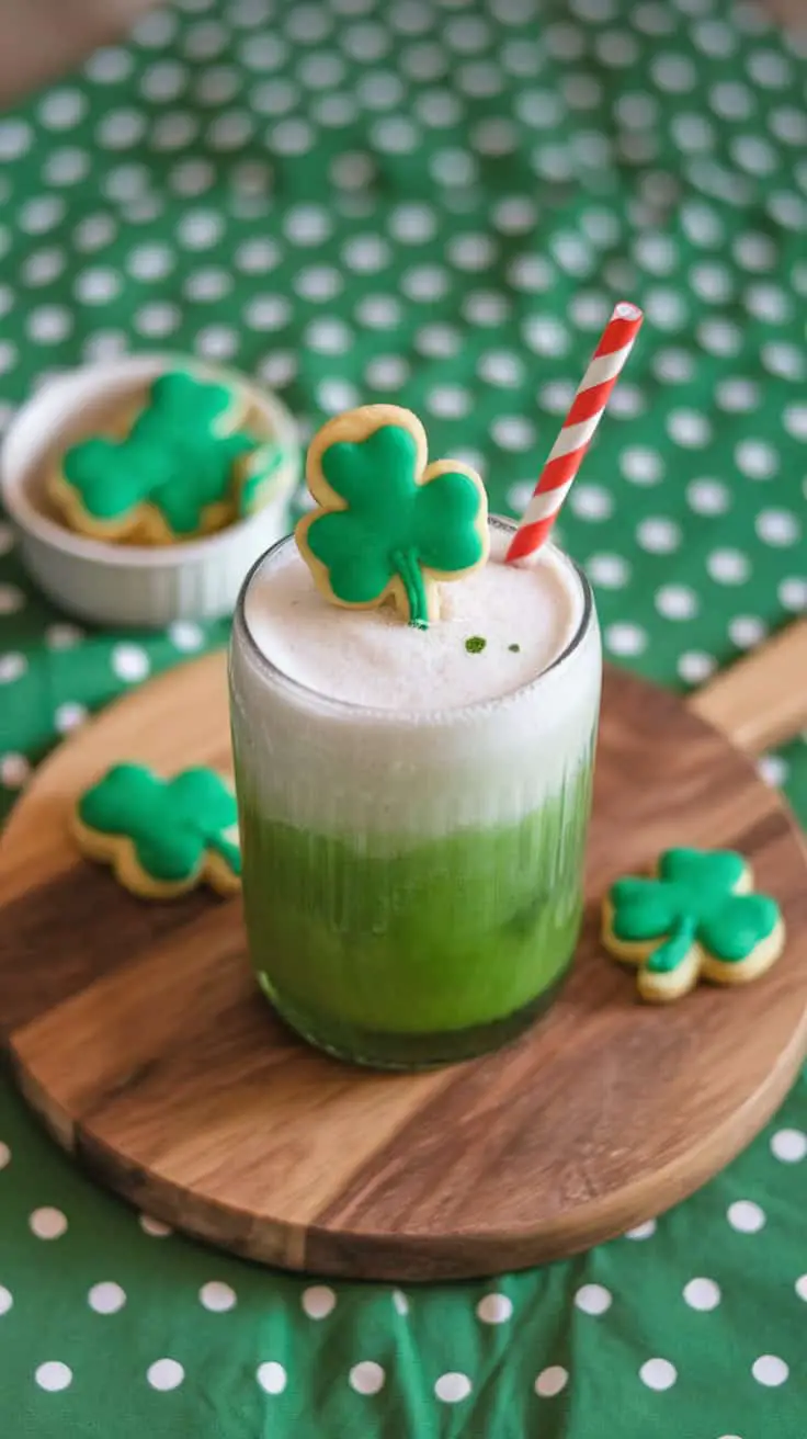 A festive green drink topped with foam and a shamrock cookie, placed on a wooden board against a polka-dotted tablecloth.