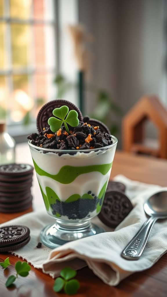 St. Patrick’s Day parfaits made with vanilla pudding, green food coloring, and crushed Oreos, garnished with mint leaves.