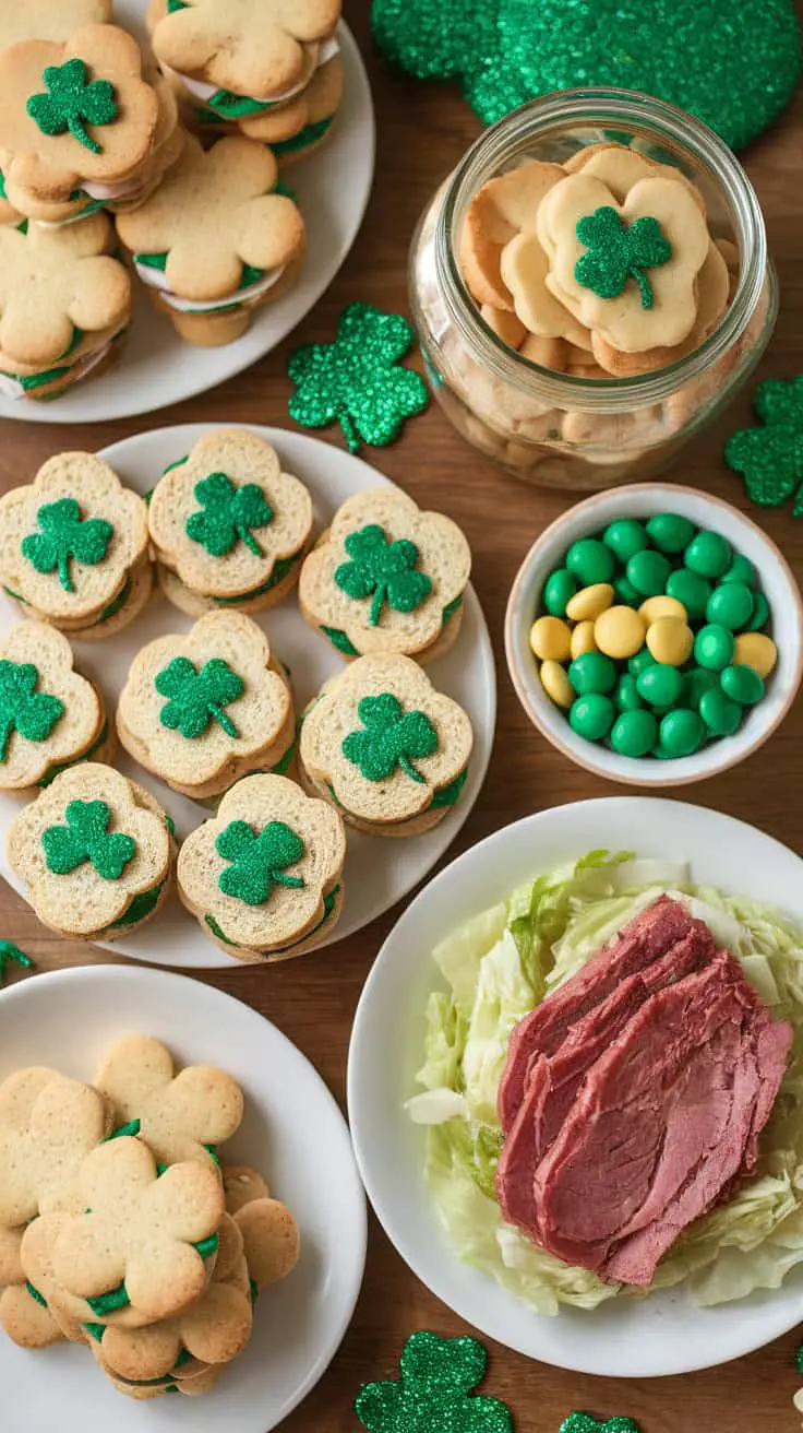 A colorful spread of St. Patrick's Day snacks including shamrock cookies, green popcorn, and a decorated cupcake.