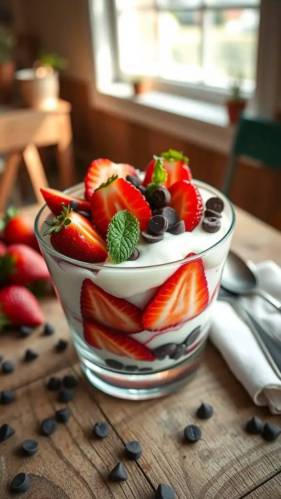 Strawberry Chocolate Parfait with yogurt, sliced strawberries, and dark chocolate chips.