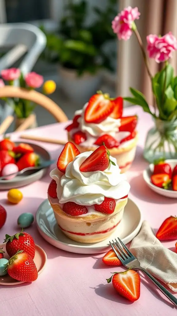 Delicious strawberry shortcake cups with layers of angel food cake, fresh strawberries, and whipped cream, perfect for Easter celebrations.