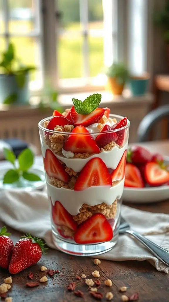 Strawberry shortcake parfait with yogurt, sliced strawberries, and crumbled shortbread cookies.