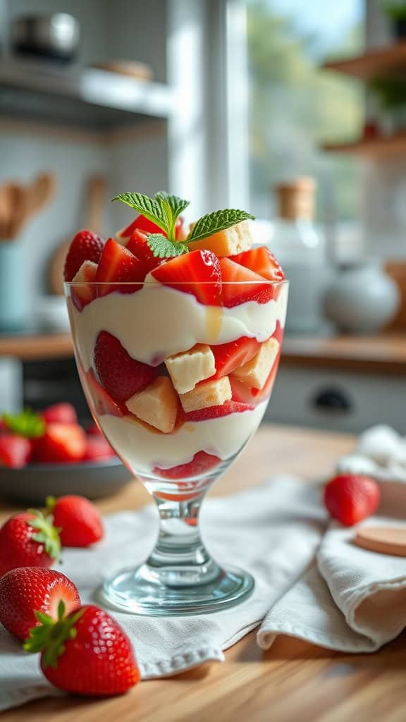 A Strawberry Shortcake Parfait with layers of strawberry yogurt, diced strawberries, and angel food cake cubes, garnished with mint.