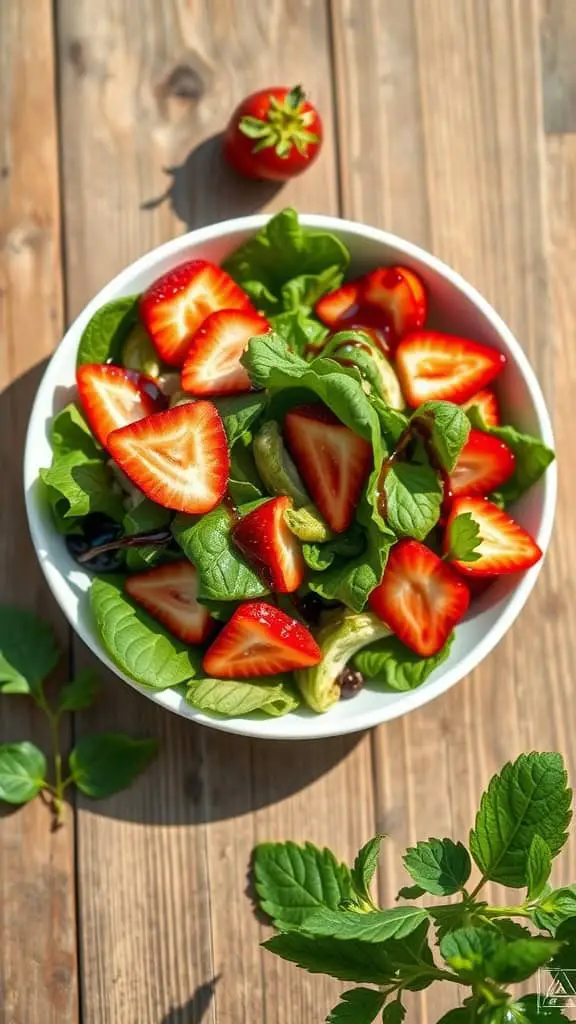 Strawberry Spring Salad with spring mix, sliced strawberries and balsamic glaze