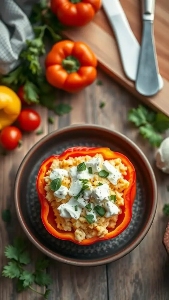 A colorful dish of scrambled eggs and cottage cheese served in a bell pepper half, garnished with herbs.