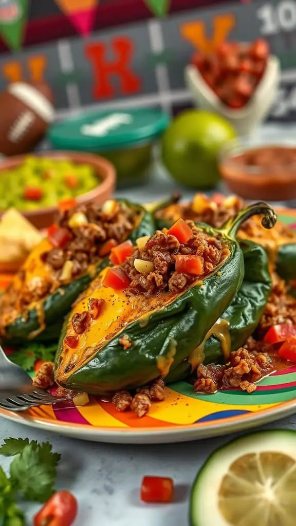 Stuffed poblano peppers with beef and cheese on a colorful plate.