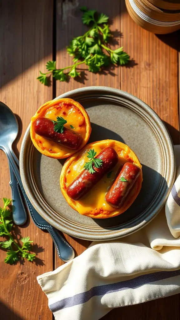 Stuffed sausage egg muffin cups with cheese and sausage on a plate