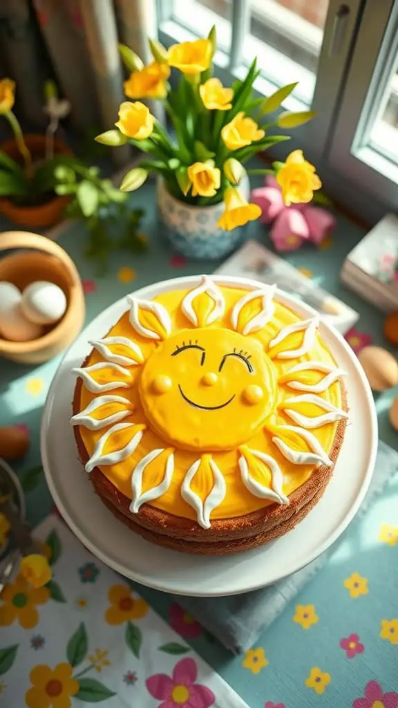 A cheerful Easter-themed cookie cake decorated with yellow icing and white frosting rays, resembling a smiling sun.