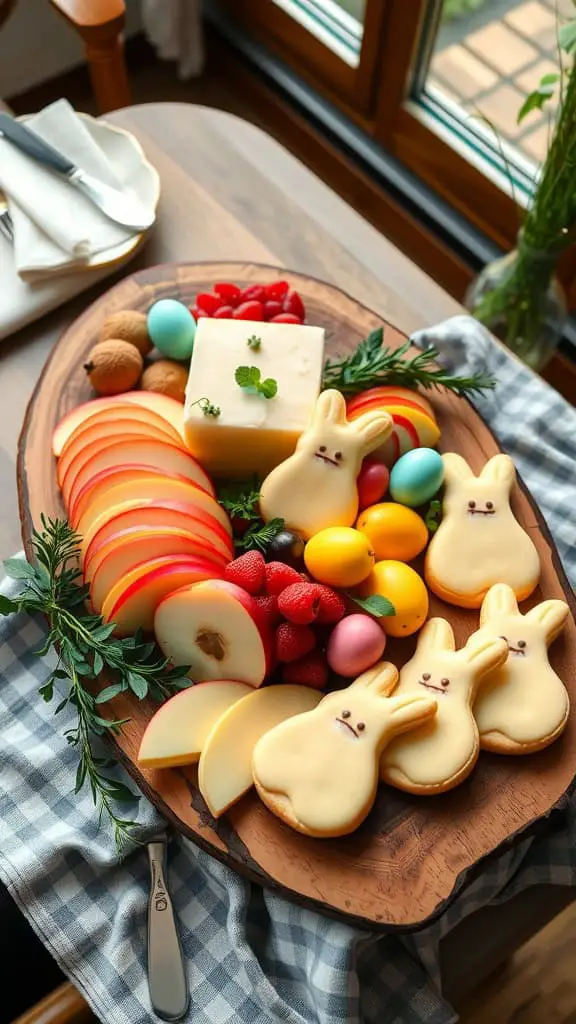 A festive Easter charcuterie board featuring sliced apples, cheddar cheese, and decorated sugar cookies.