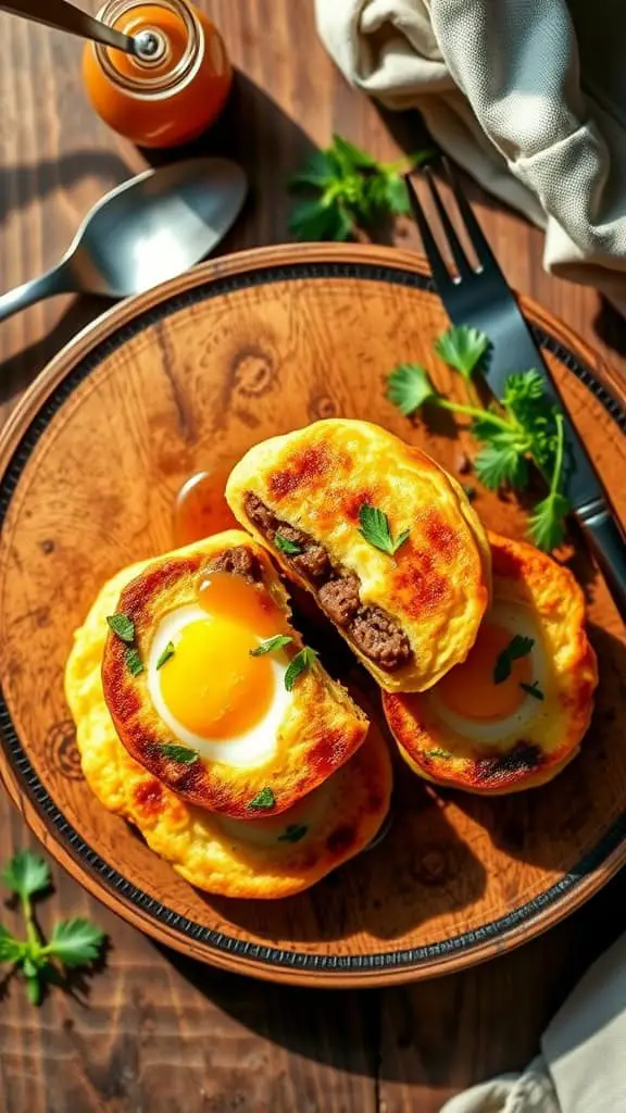 Savory sausage egg pancake muffins on a wooden plate