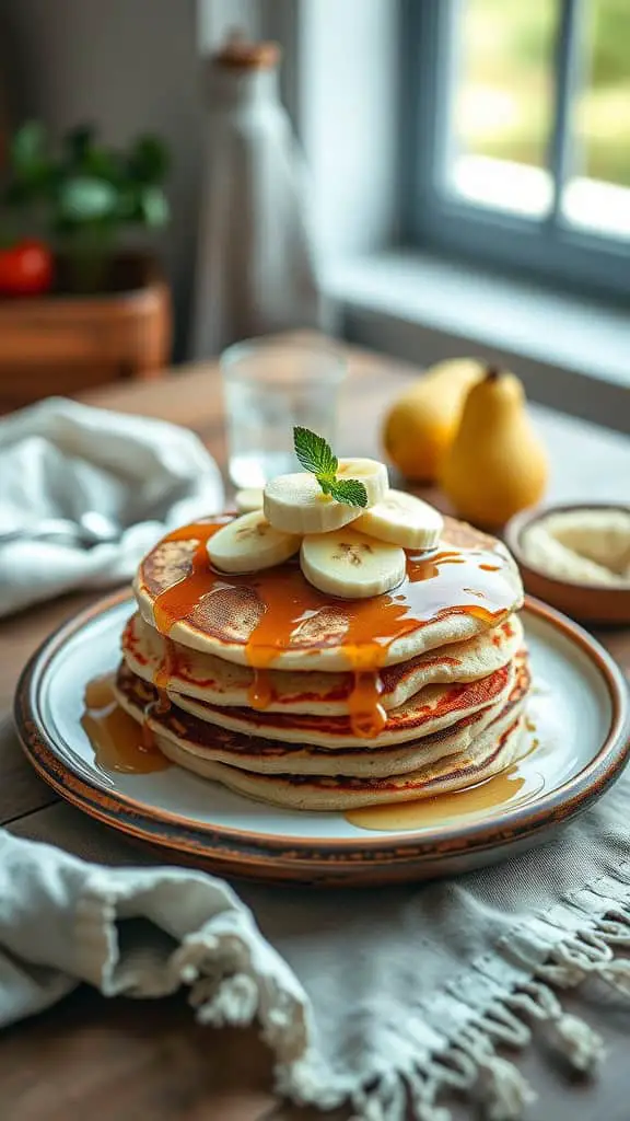 Stack of sweet cottage cheese pancakes topped with sliced bananas and syrup
