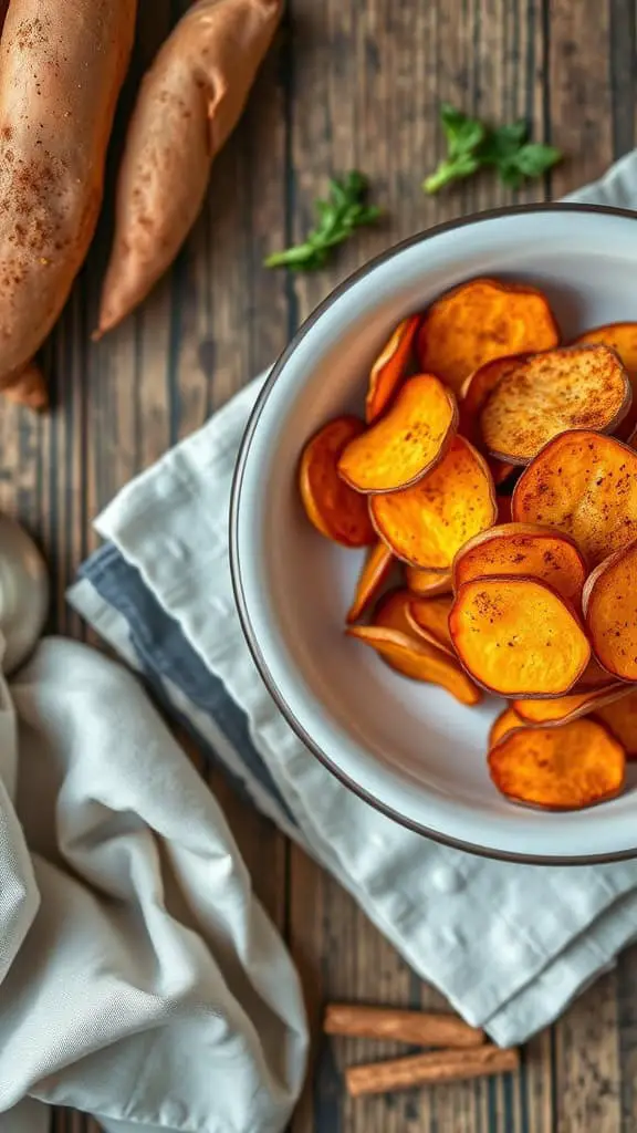 A bowl of crispy sweet potato chips sprinkled with cinnamon, with whole sweet potatoes and cinnamon sticks in the background.