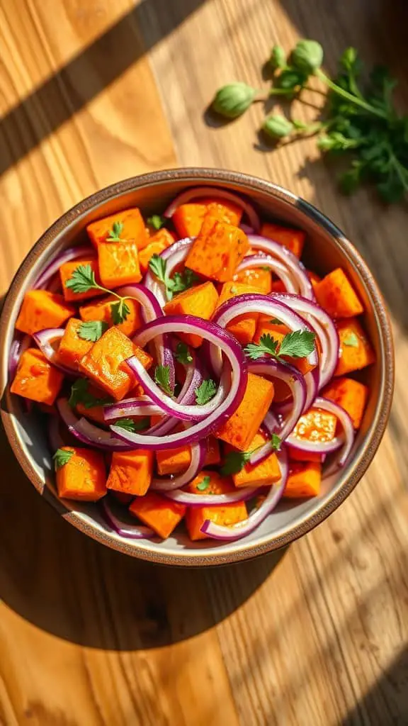 A colorful bowl of sweet potato salad featuring diced sweet potatoes, sliced red onions, and fresh parsley.