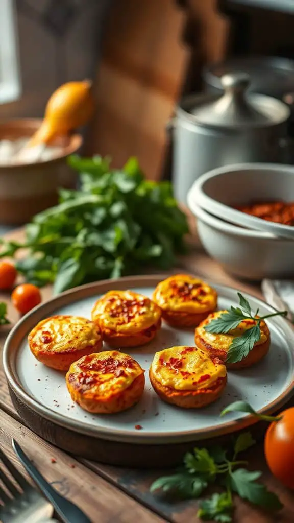 Sweet Potato Egg White Bites on a plate garnished with herbs.