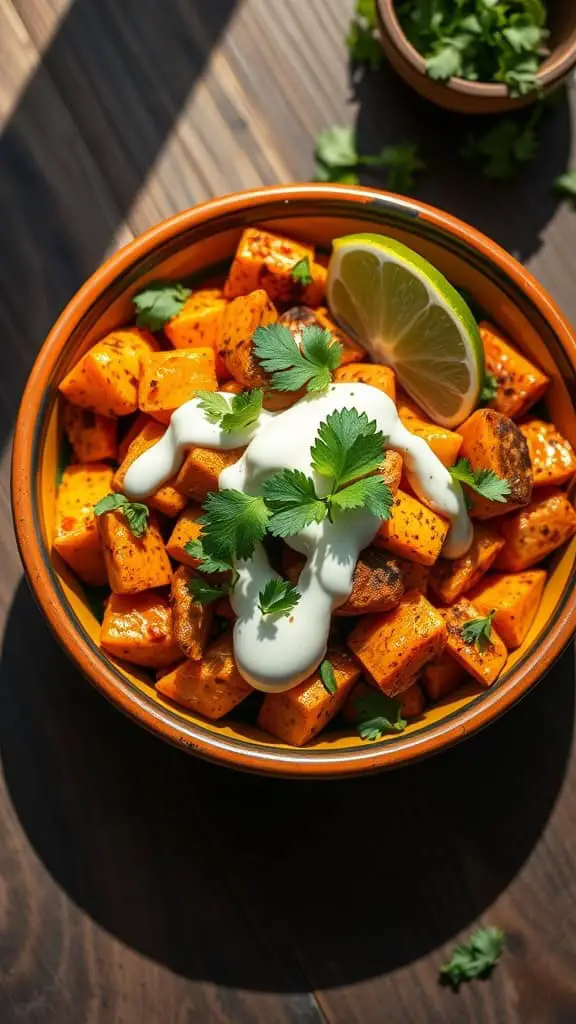 A bowl of Sweet Potato Mexican Salad topped with mayonnaise, chili powder, and garnished with cilantro.