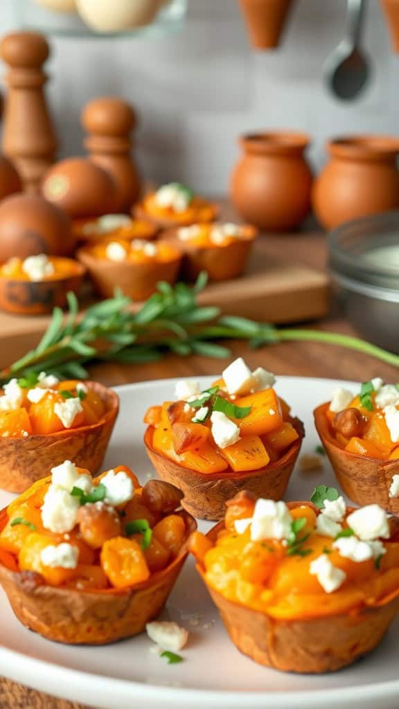 A plate of sweet potato mini egg muffins topped with feta cheese and herbs.