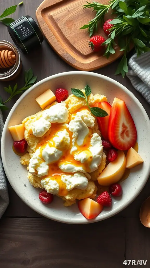 Sweet scrambled eggs with cottage cheese, drizzled with honey and served with fresh fruit.