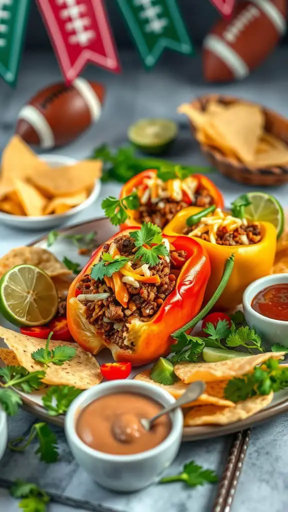 Taco-stuffed bell peppers with beef and rice, served with tortilla chips and dips.