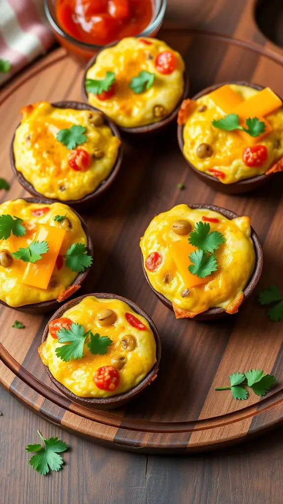 Taco-style mini egg muffins topped with cheese and cilantro on a wooden platter.