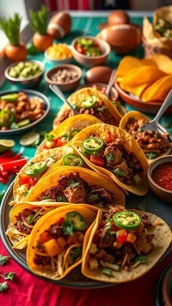 A vibrant taco bar setup with various taco shells, meats, and toppings for a Superbowl party.