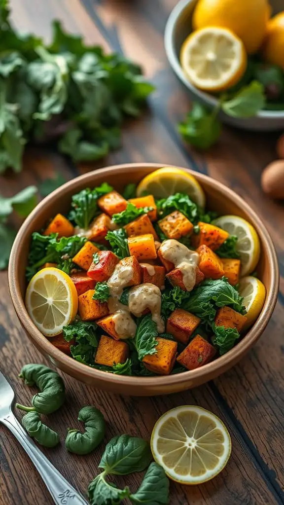 A colorful bowl of kale and roasted sweet potato salad with lemon-tahini dressing.